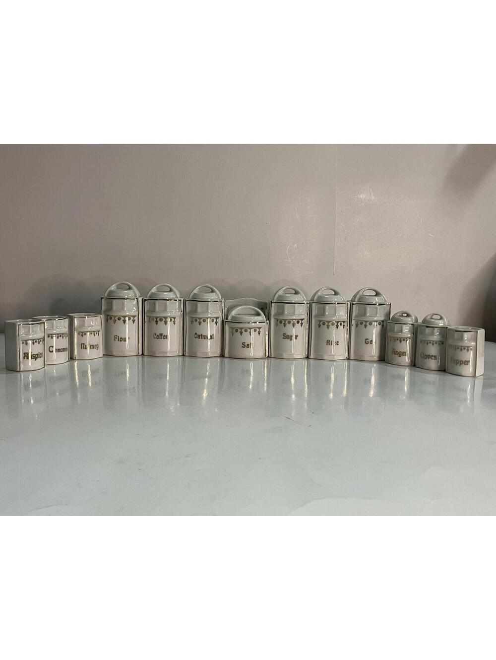 Vintage Germany White Gold Porcelain Kitchen Canister Spice Set 13 Piece
